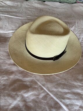 Bigalli Straw Panama Hat in Natural Brown Trim buckle made in Ecuador M Straw